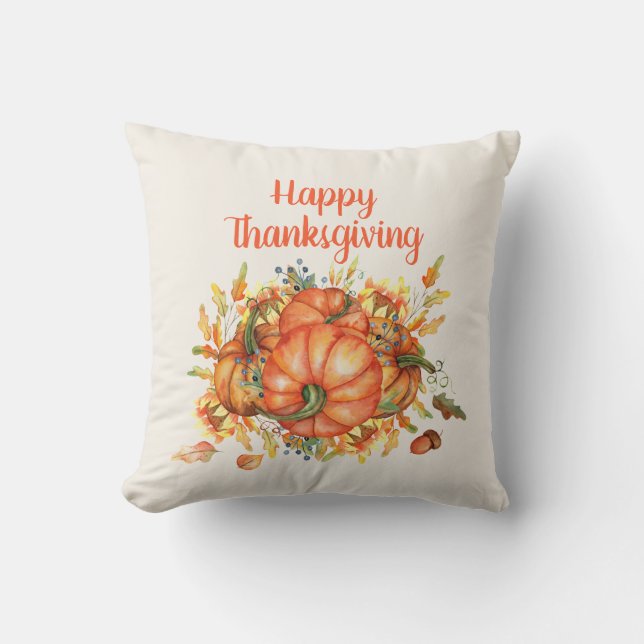 Happy Thanksgiving Orange Pumpkins Fall Leaves  Throw Pillow (Front)