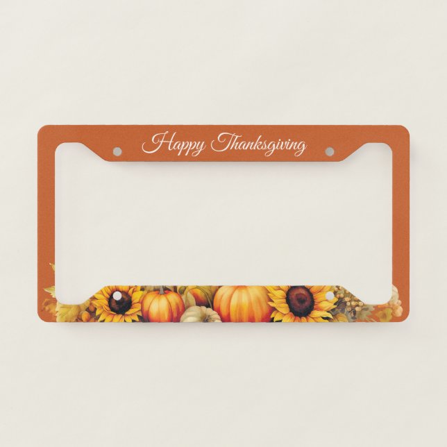 Happy Thanksgiving Orange Pumpkins Fall License Plate Frame (Front)