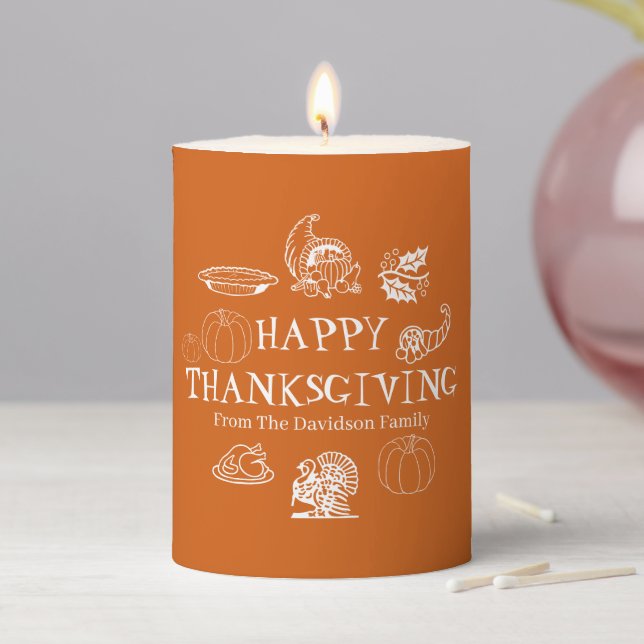 Happy Thanksgiving orange spice custom text cute Pillar Candle (In Situ)