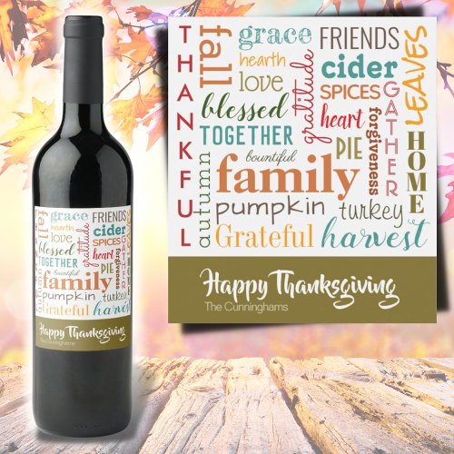 Happy Thanksgiving Orange Teal Modern Typography Wine Label