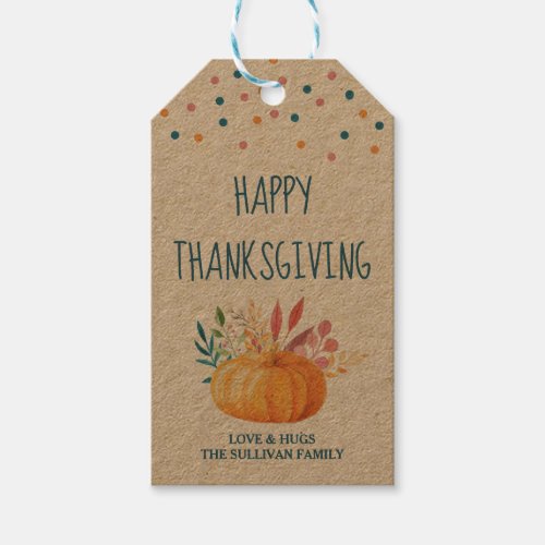 Happy Thanksgiving Orange Watercolor Pumpkin Gift Tags