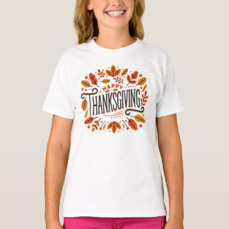 Happy Thanksgiving Orange Yellow Fall Leaves Kids T-Shirt