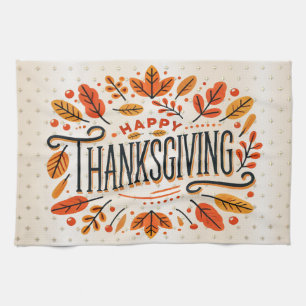 Happy Thanksgiving Orange Yellow Fall Leaves Kitchen Towel
