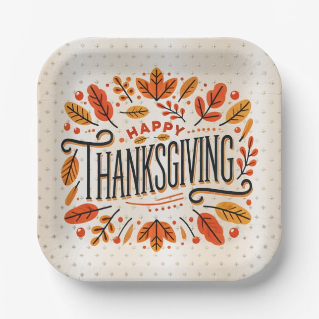 Happy Thanksgiving Orange Yellow Fall Leaves Paper Plates (Front)
