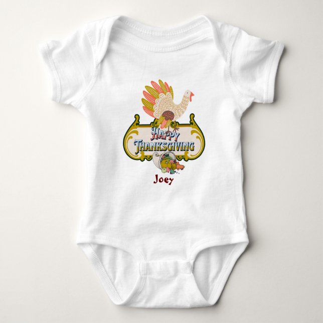 Happy thanksgiving outfit personalized name  baby bodysuit (Front)