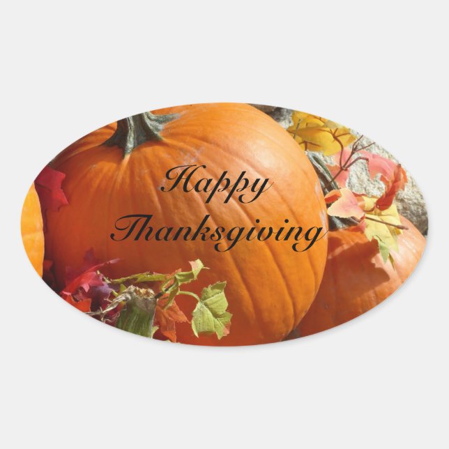 Happy Thanksgiving Oval Pumpkin Stickers (Front)