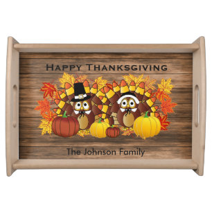 Happy Thanksgiving Owl Turkey Pilgrims on Wood Serving Tray