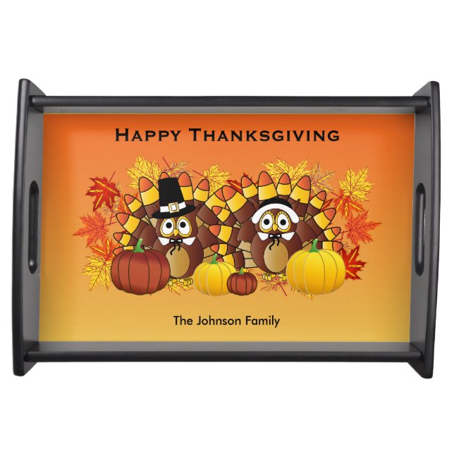 Happy Thanksgiving Owl Turkey Pilgrims Serving Tray (Front)