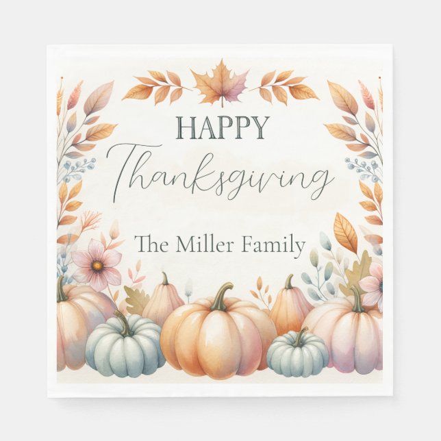Happy Thanksgiving Pastel Pumpkins, Personalized Napkins (Front)