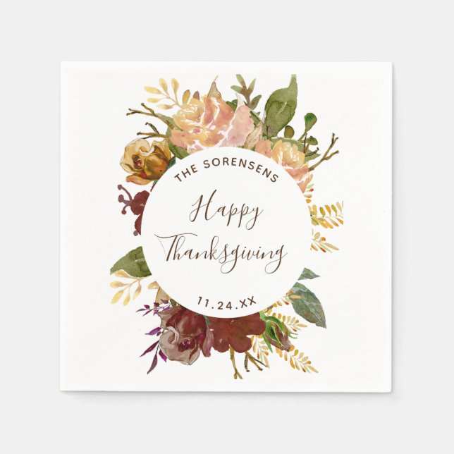 Happy Thanksgiving Personalized Floral Autumn Napkins (Front)