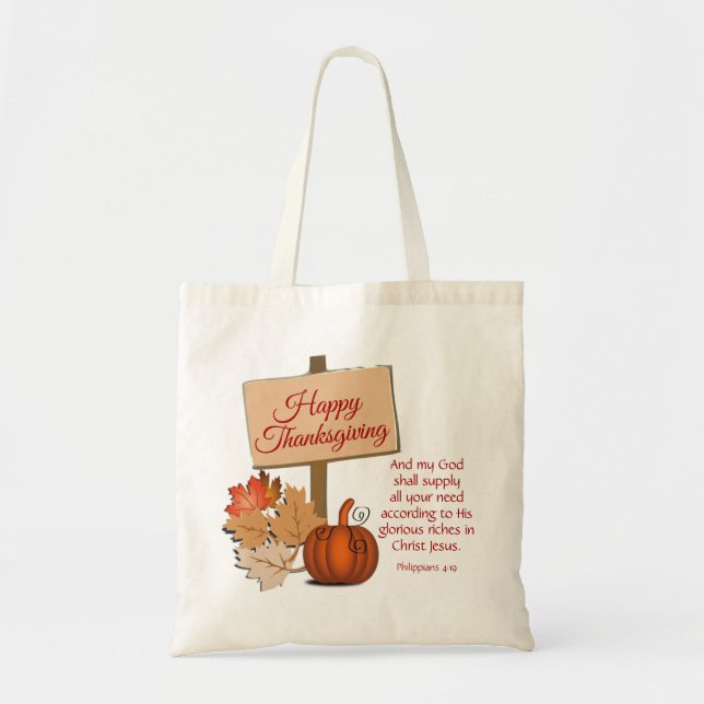 HAPPY THANKSGIVING Philippians 4:19 Scripture Tote Bag (Front)