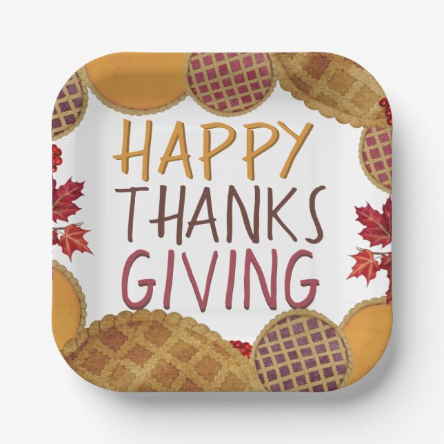 Happy Thanksgiving Pie Pumpkin Pie Apple Pie  Paper Plates (Front)