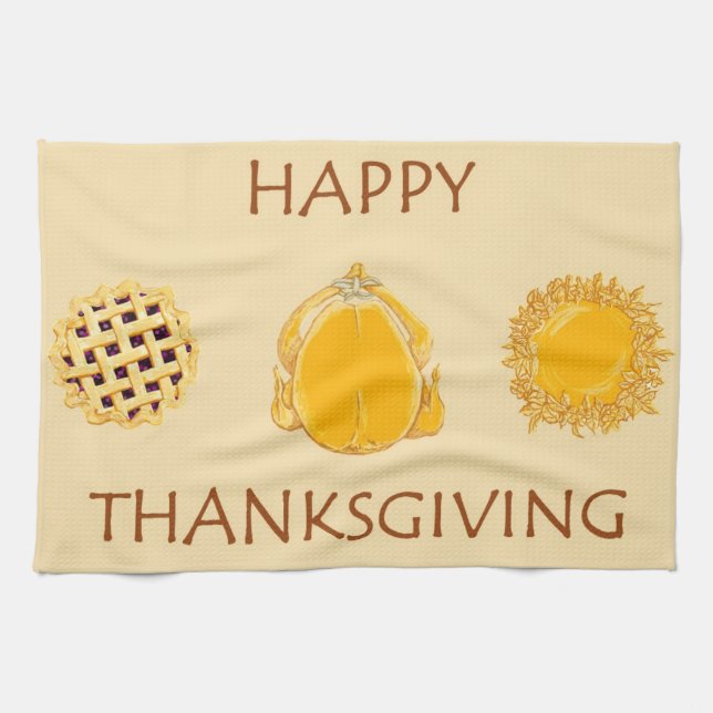 Happy Thanksgiving Pies Turkey beige kitchen towel (Horizontal)