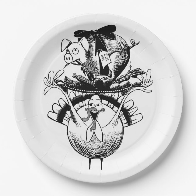 Happy Thanksgiving Pig and Turkey Paper Plates (Front)