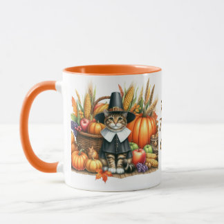 Happy Thanksgiving Pilgrim Cat Mug