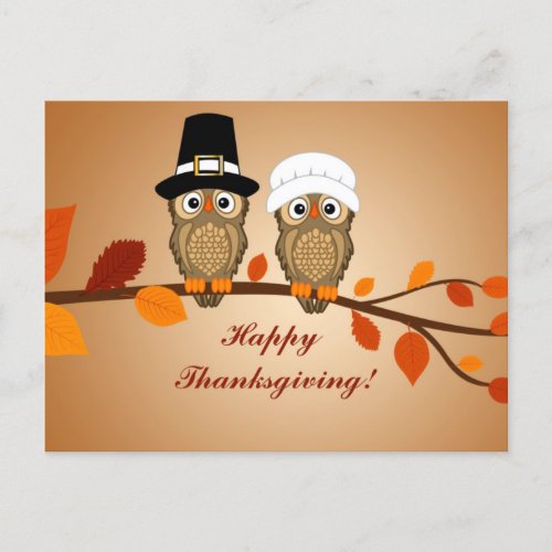 Happy Thanksgiving Pilgrim Owls Holiday Postcard