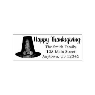 Happy Thanksgiving Pilgrim Puritan Hat Address Rubber Stamp