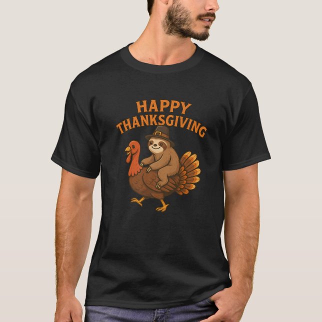 Happy Thanksgiving Pilgrim Sloth on Turkey Premium T-Shirt (Front)