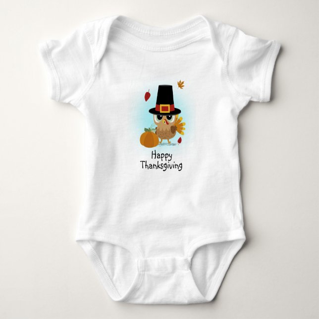 Happy Thanksgiving Pilgrim Turkey Baby Bodysuit (Front)