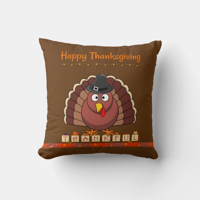 Happy Thanksgiving, Pilgrim Turkey Throw Pillow (Front)