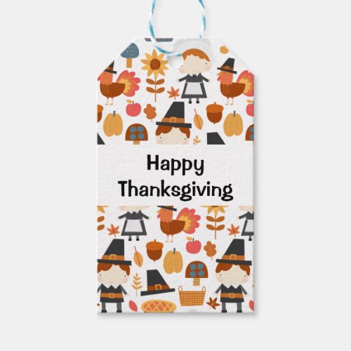 Happy Thanksgiving Pilgrims Harvest Pattern Gift Tags
