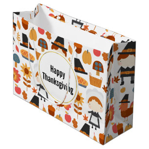 Happy Thanksgiving Pilgrims Harvest Pattern Large Gift Bag