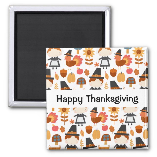 Happy Thanksgiving Pilgrims Harvest Pattern Magnet (Front)