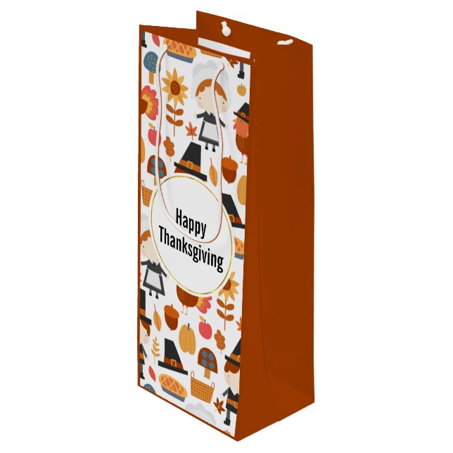  Happy Thanksgiving Pilgrims Harvest Pattern Wine Gift Bag (Front Angled)