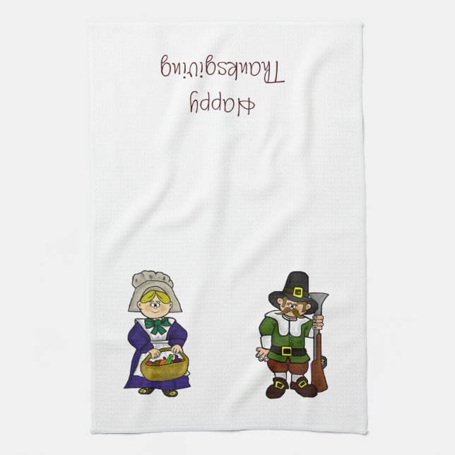 Happy Thanksgiving Pilgrims Kitchen Towel (Vertical)