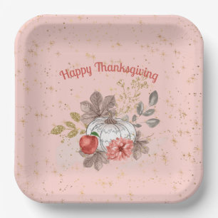 Happy Thanksgiving Pink Pumpkins and Flowers Paper Plates