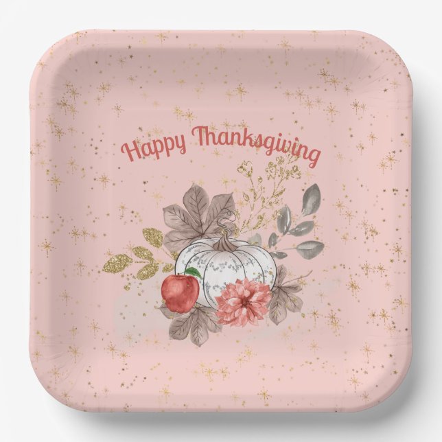 Happy Thanksgiving Pink Pumpkins and Flowers  Paper Plates (Front)