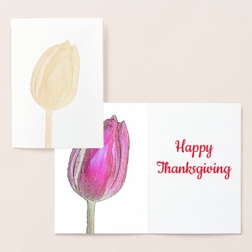 Happy Thanksgiving Pink Tulips Floral Flowers Foil Card