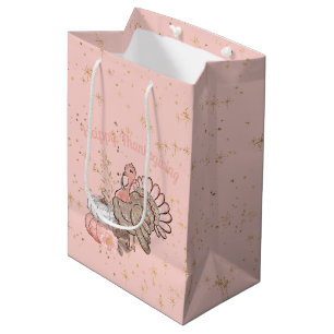 Happy Thanksgiving Pink Turkey and Pumpkins Medium Gift Bag