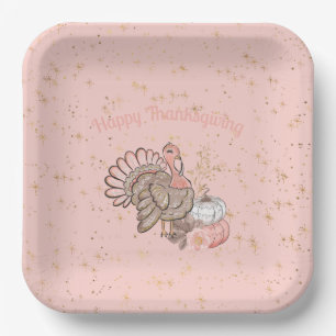 Happy Thanksgiving Pink Turkey and Pumpkins Paper Plates