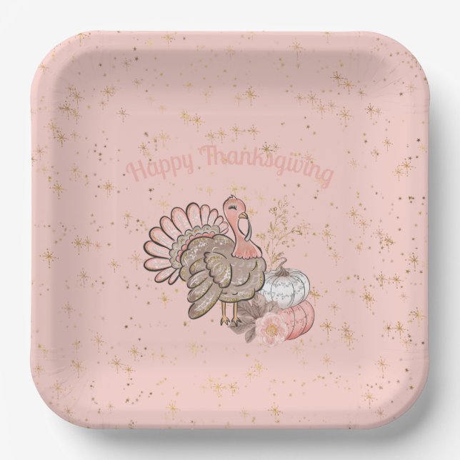 Happy Thanksgiving Pink Turkey and Pumpkins  Paper Plates (Front)