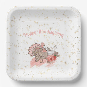 Happy Thanksgiving Pink Turkey and Pumpkins  Paper Plates
