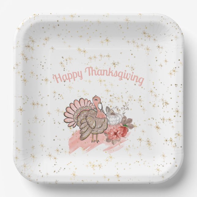 Happy Thanksgiving Pink Turkey and Pumpkins  Paper Plates (Front)