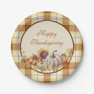 Happy Thanksgiving plaid and pumpkins Paper Plates