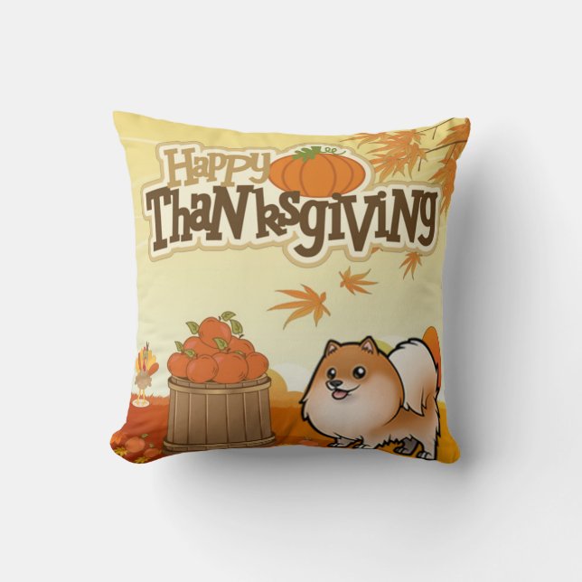 Happy Thanksgiving Pomeranian Throw Pillow (Front)
