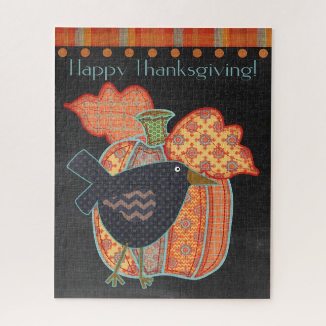 Happy Thanksgiving! Prim Crow and Pumpkin Jigsaw Puzzle (Vertical)