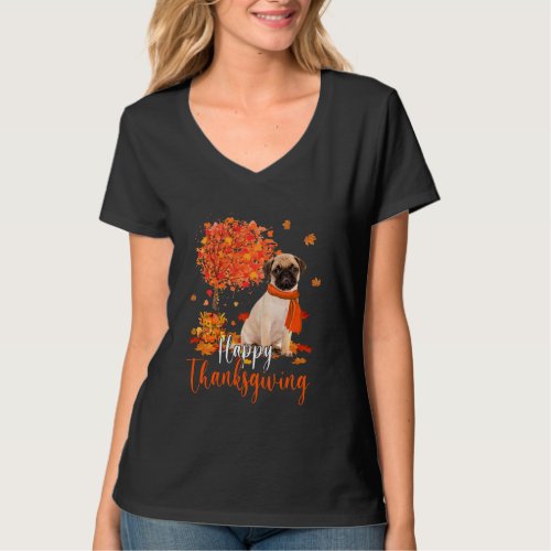 Happy Thanksgiving Pug And Autumn Tree Pug Lover L T_Shirt