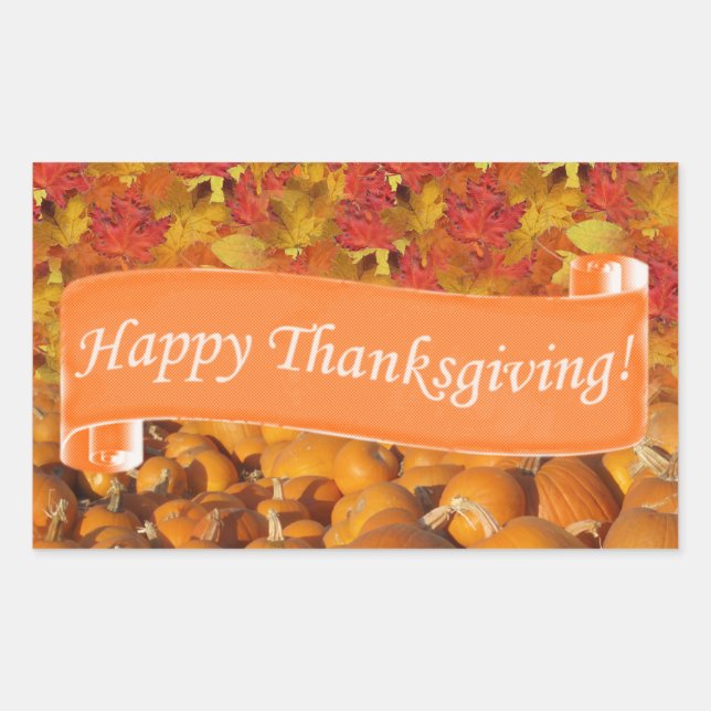 Happy Thanksgiving Pumpkin and Fall Leaves Rectangular Sticker (Front)