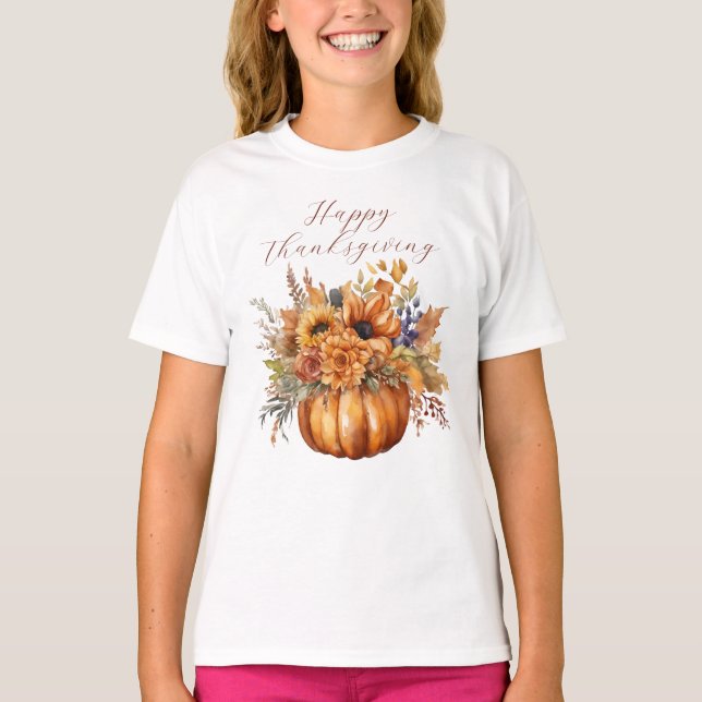 Happy Thanksgiving-Pumpkin and Flowers- T-Shirt (Front)