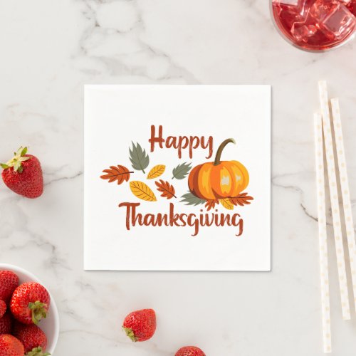 Happy Thanksgiving Pumpkin Autumn Leaves Flat Napkins