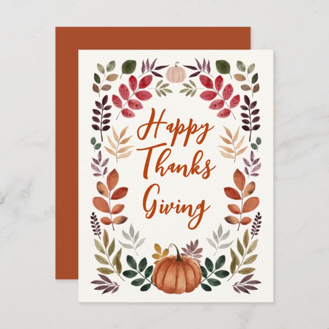 Happy Thanksgiving Pumpkin & Autumn Leaves  Holiday Card (Front/Back)