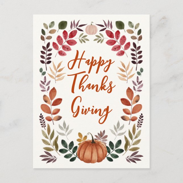 Happy Thanksgiving Pumpkin & Autumn Leaves    Postcard (Front)