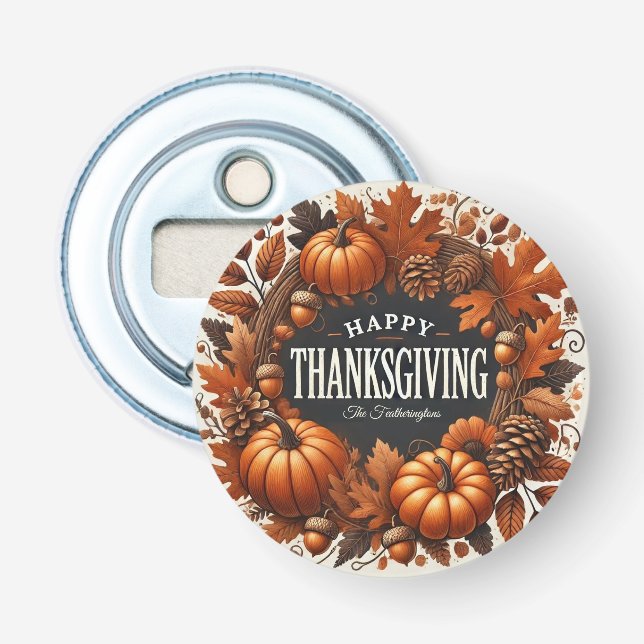 Happy Thanksgiving Pumpkin Autumn Leaves Wreath Bottle Opener (Front)