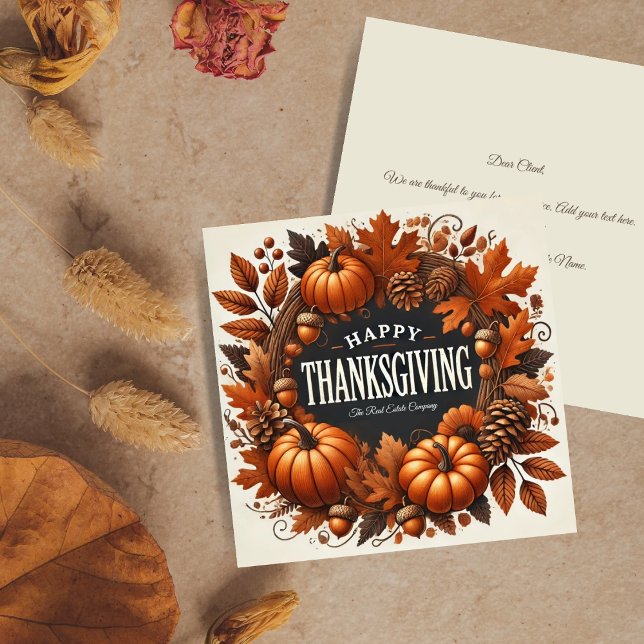 Happy Thanksgiving Pumpkin Autumn Leaves Wreath Holiday Card (Creator Uploaded)