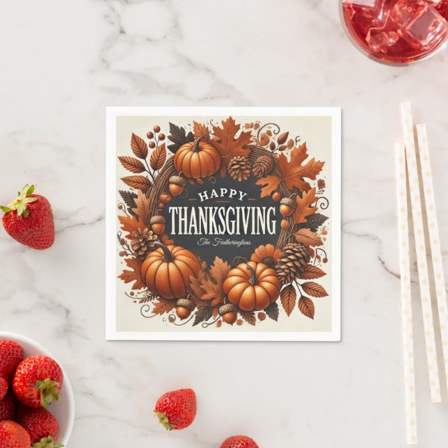 Happy Thanksgiving Pumpkin Autumn Leaves Wreath Napkins (Insitu)