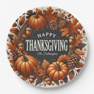 Happy Thanksgiving Pumpkin Autumn Leaves Wreath Paper Plates